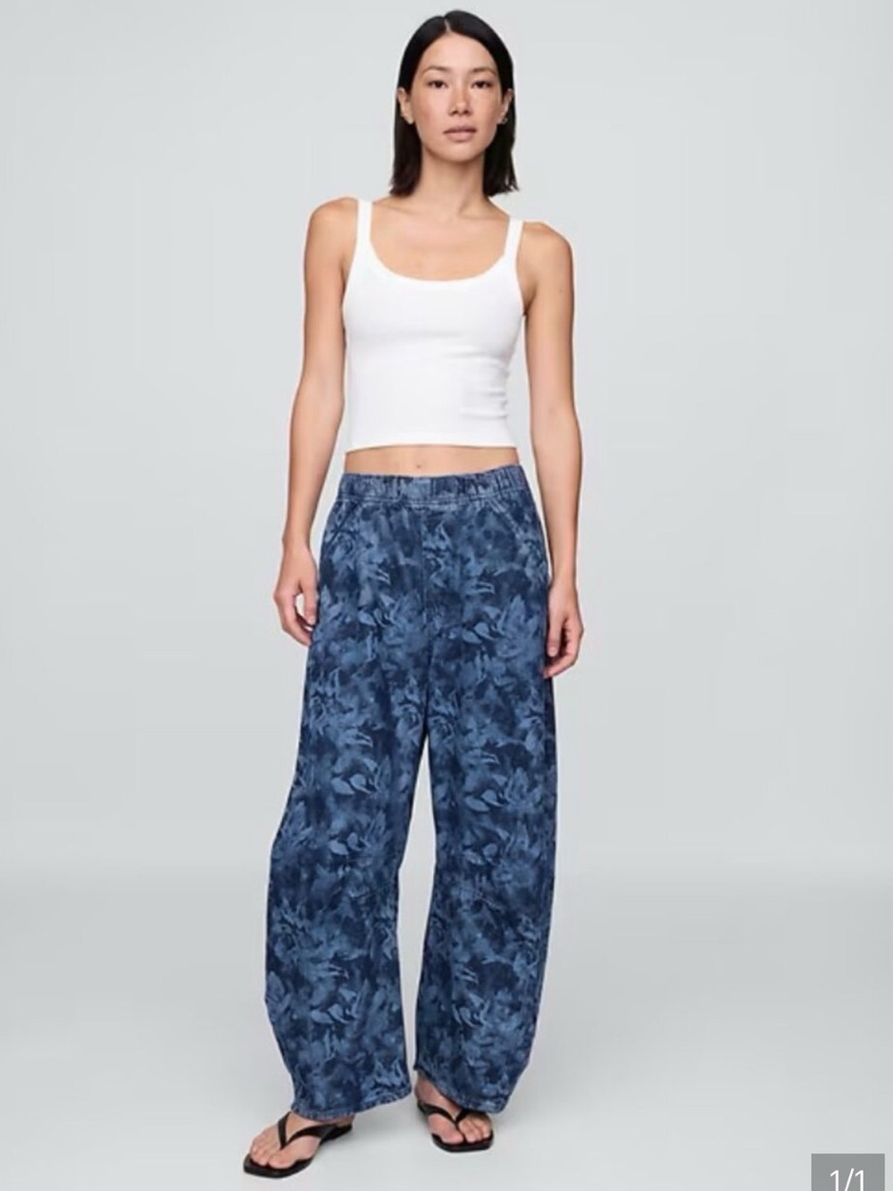 Blue Floral-Print Wide Leg Denim Pants